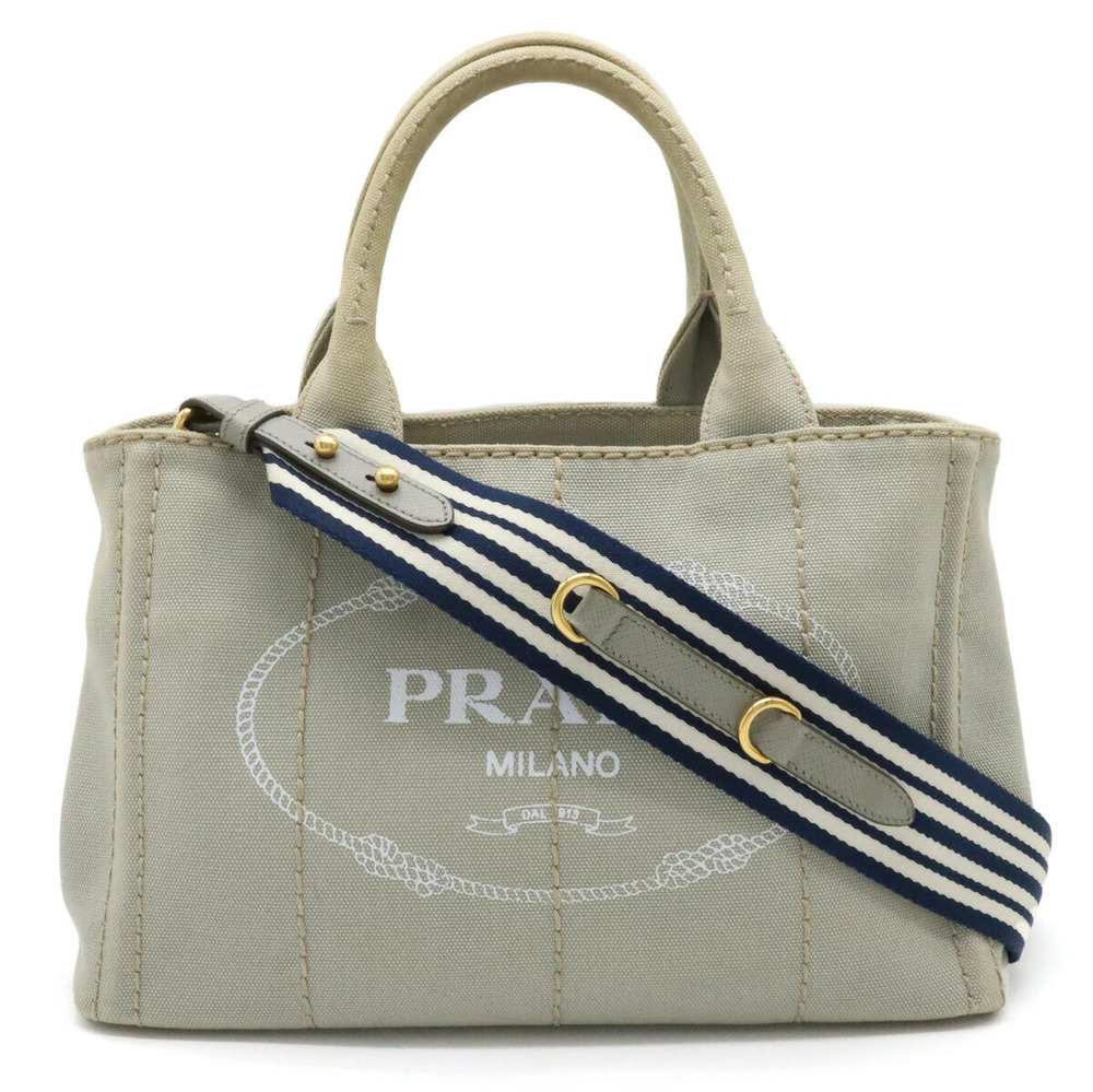 Prada Canapa Tote Bag Handbag Shoulder Striped Canvas Gray